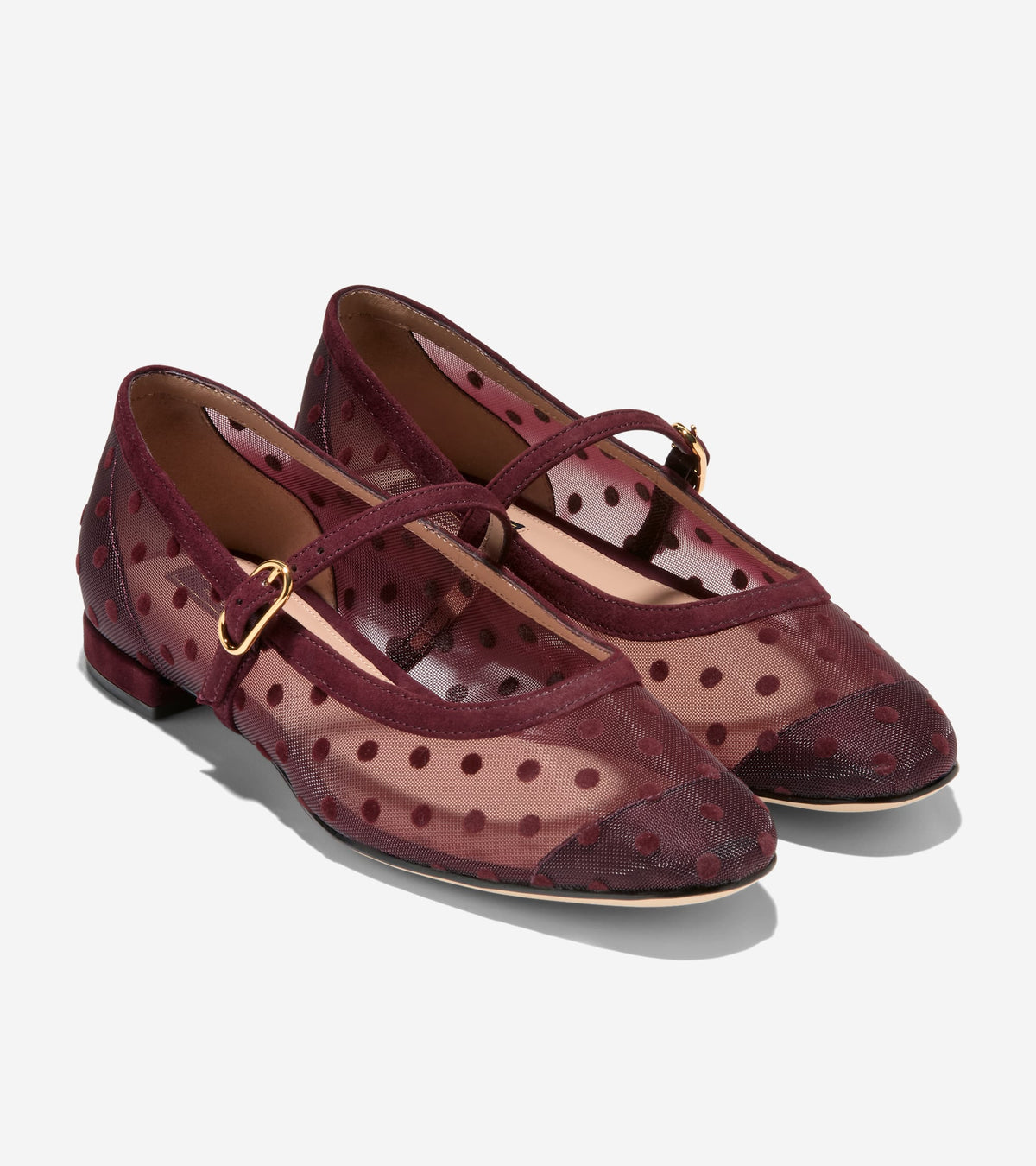 W38427:BURGUNDY POLKA DOT MESH / CH BLOODSTONE SUEDE