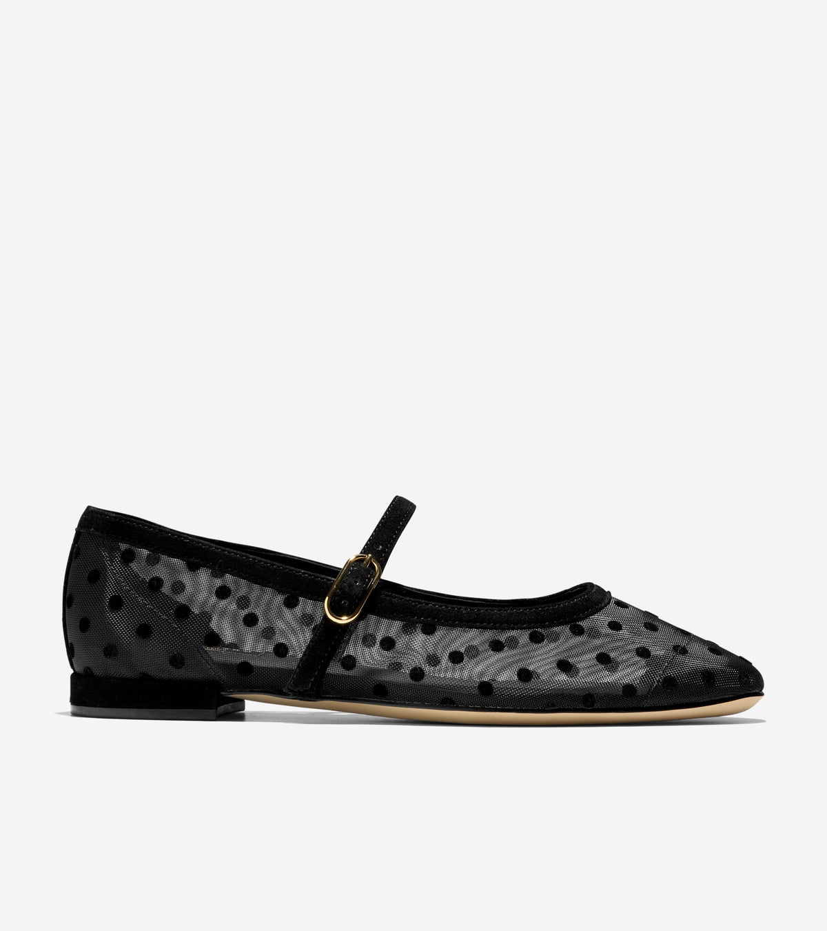 W37941:BLACK POLKA DOT MESH / BLACK SUEDE