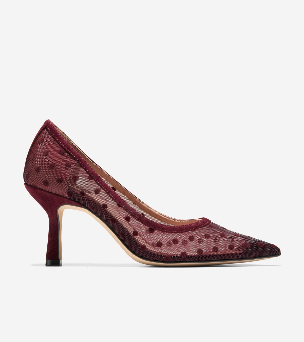W38428:BURGUNDY POLKA DOT MESH / CH BLOODSTONE SUEDE