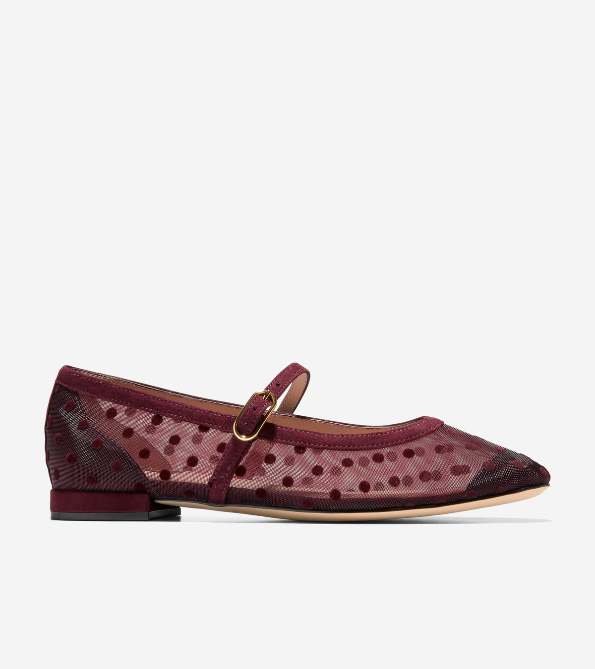 W38427:BURGUNDY POLKA DOT MESH / CH BLOODSTONE SUEDE